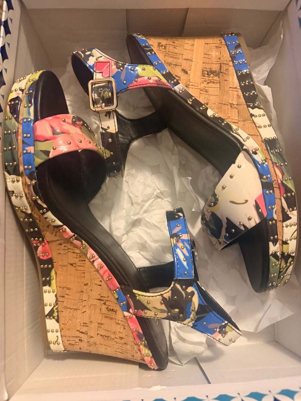 LimeLight Rafaela Black Multic Floral Studded Cork Wedge Sandals Size 9M